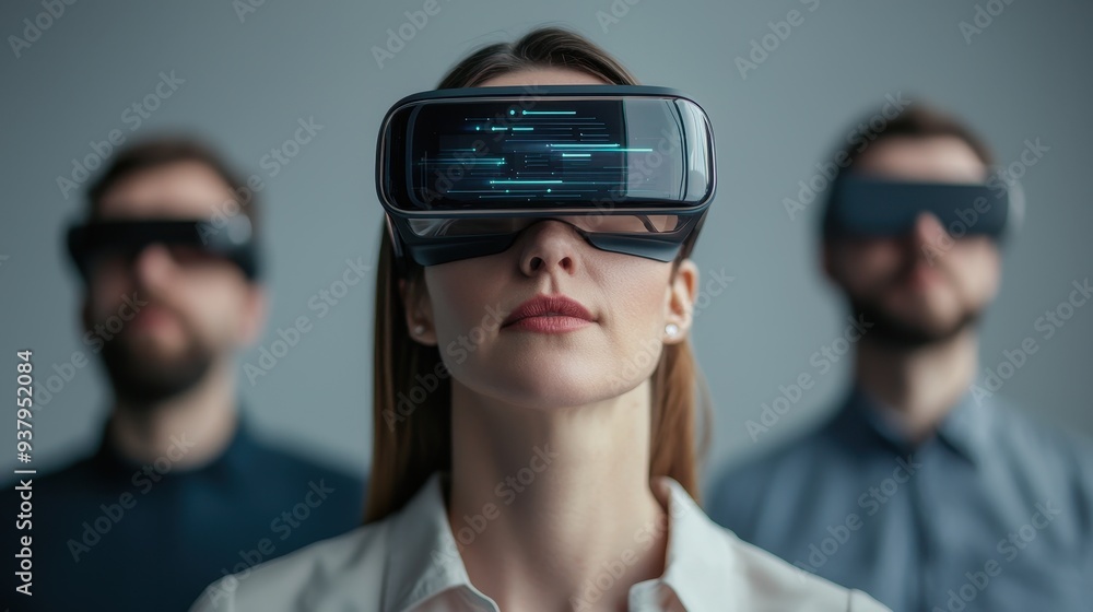 A woman uses virtual reality technology while others observe, showcasing innovation and immersive digital experiences. A woman uses virtual reality technology while others observe, showcasing innovation and immersive digital experiences.