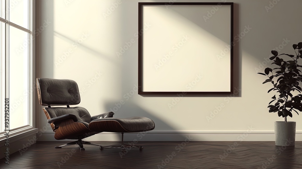 Modern Lounge Chair and Blank Picture Frame: Perfect as a Stylish Poster for Contemporary Interiors with Creamy Walls and Dark Wooden Flooring Modern Lounge Chair and Blank Picture Frame: Perfect as a Stylish Poster for Contemporary Interiors with Creamy Walls and Dark Wooden Flooring