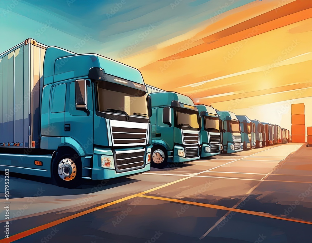 To deliver industrial items, close the fleet of trucks parked in front of the warehouse. To deliver industrial items, close the fleet of trucks parked in front of the warehouse.