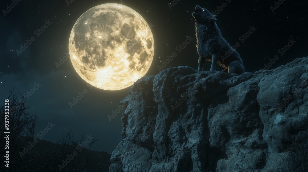 Obraz premium Moonlit Cliff with Howling Beast