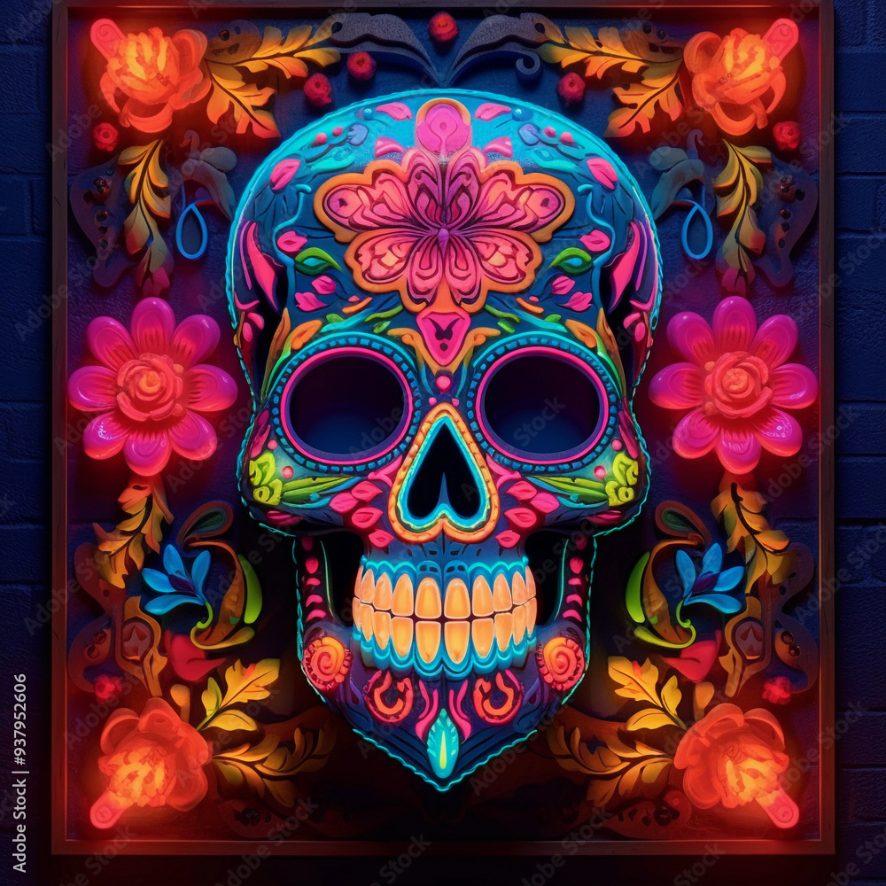 Halloween neon dias de la muerte skull