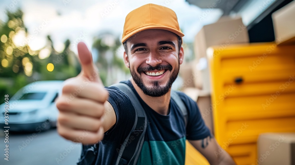 Delivery person giving a thumbs up after completing a delivery Delivery person giving a thumbs up after completing a delivery