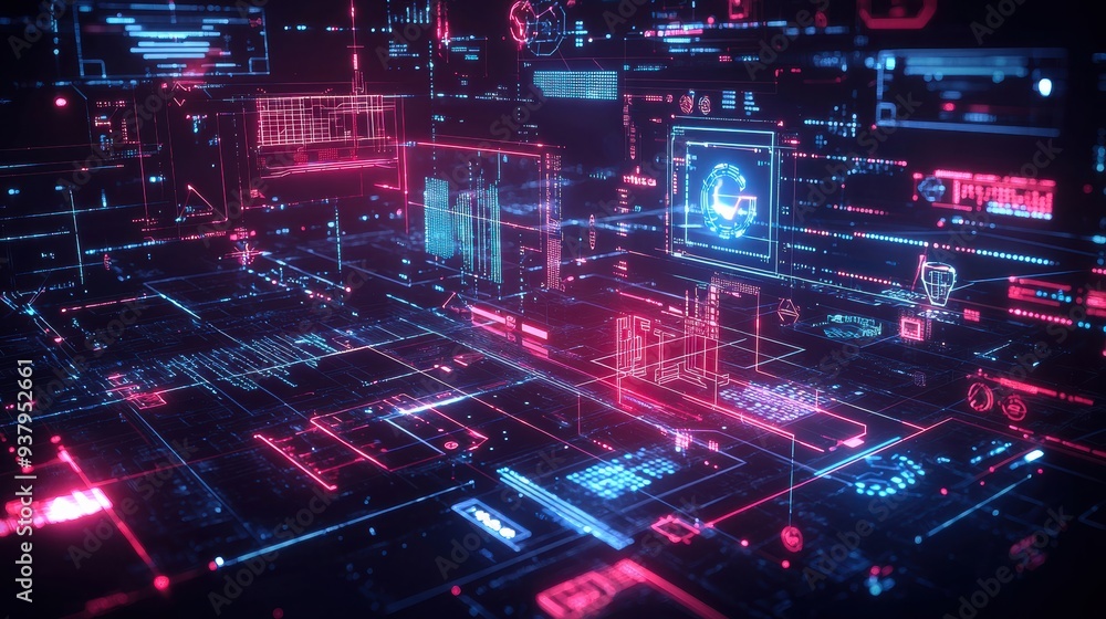 A cyber defense network visualized with AI-driven firewalls and real-time threat analysis displayed as 3D holograms, showcasing advanced cybersecurity technology.
A cyber defense network visualized with AI-driven firewalls and real-time threat analysis displayed as 3D holograms, showcasing advanced cybersecurity technology.