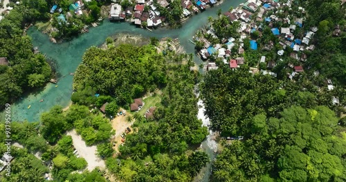 Bogac Cold Spring and Beto Lagoon with sunlight reflection over the river. Surigao del Sur, Philippines. photo