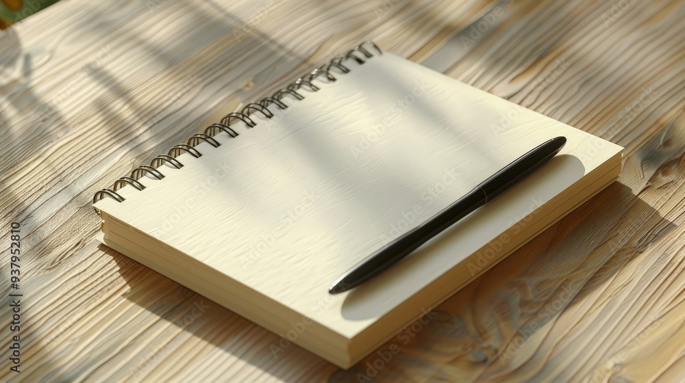 Fototapeta premium Blank Notebook with Pen on Wooden Desk