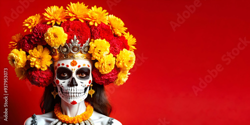 Flat Holographic Catrina with Glossy Marigold Crown concept as Wide shot of a holographic Catrina figure wearing a glossy marigold crown isolated on a white background offering a striking and colorful