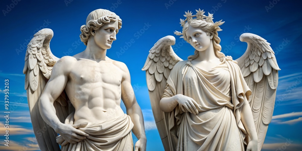 Elegant marble statues of Cupid and a goddess, adorned with intricate details, stand against a serene blue backdrop, evoking ancient Greek and Roman mythology's timeless beauty. Elegant marble statues of Cupid and a goddess, adorned with intricate details, stand against a serene blue backdrop, evoking ancient Greek and Roman mythology's timeless beauty.