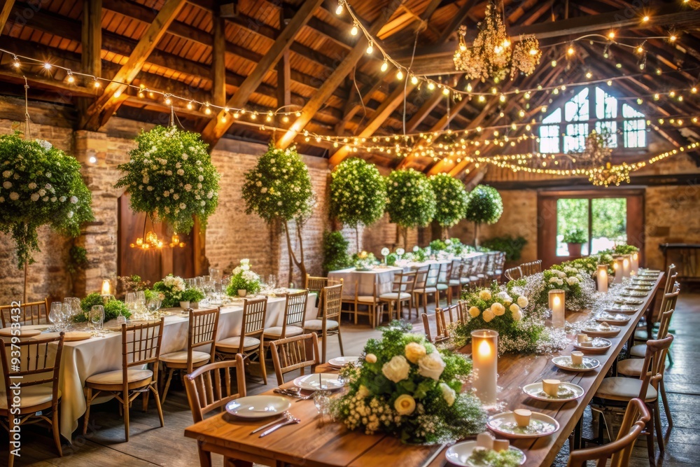 Elegant rustic wedding reception at a charming barn-style restaurant, decorated with fairy lights and flowers, surrounded by lush greenery on a sunny spring day. Elegant rustic wedding reception at a charming barn-style restaurant, decorated with fairy lights and flowers, surrounded by lush greenery on a sunny spring day.