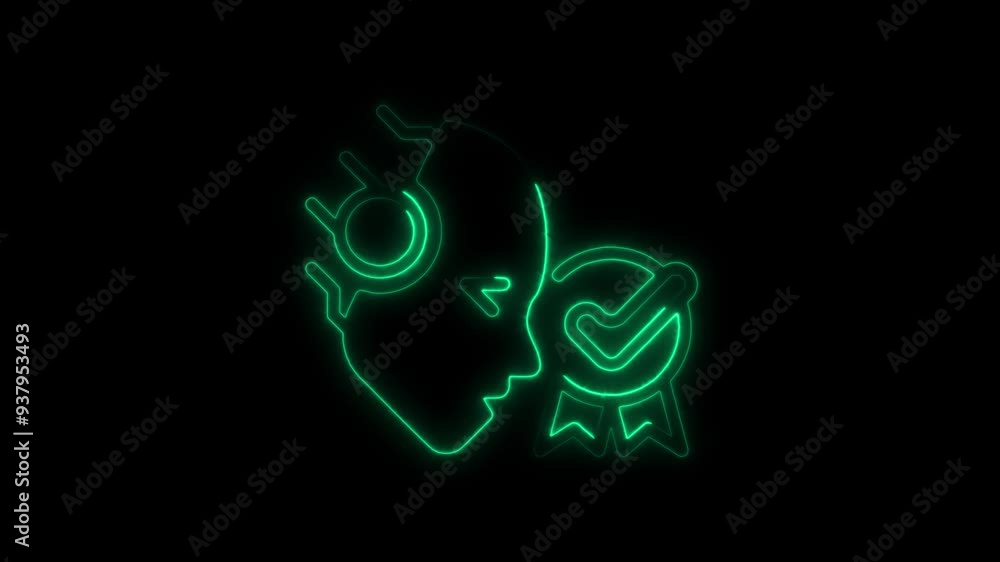 Neon AI Head with Certification Checkmark, Glowing AI Quality Assurance, Futuristic Certification Technology, Cyber Brain with Approval Badge, AI-Powered Quality Control, Glowing AI Head with Approved Neon AI Head with Certification Checkmark, Glowing AI Quality Assurance, Futuristic Certification Technology, Cyber Brain with Approval Badge, AI-Powered Quality Control, Glowing AI Head with Approved