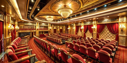 Elegant theater onboard a luxurious cruise ship, adorned with gold accents and red velvet seats, perfect for evening entertainment under the stars. photo