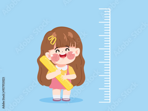 cute little girl measure height for grow progress. illustration vector premium.