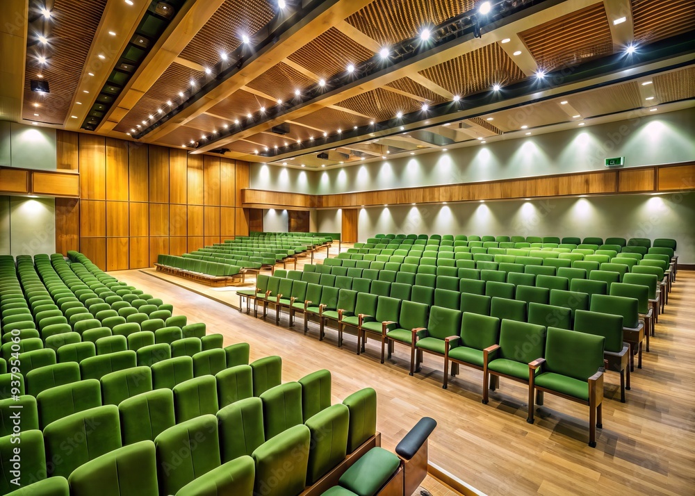 Fototapeta premium Empty seats in a modern auditorium await an audience, rows of green chairs stretching towards the stage, bathed in soft, natural light.