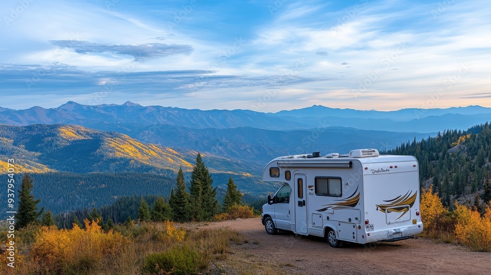 A luxury motorhome parked at a scenic overlook, with a panoramic view of mountains and forests A luxury motorhome parked at a scenic overlook, with a panoramic view of mountains and forests