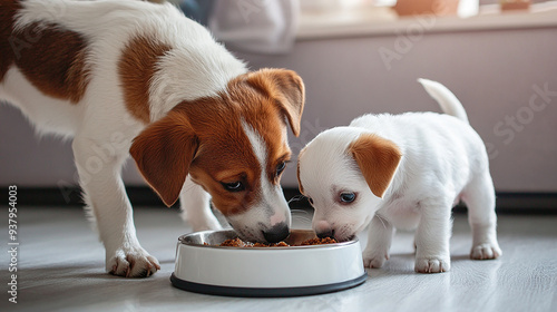 餌を食べる子犬と母犬の写真 photo