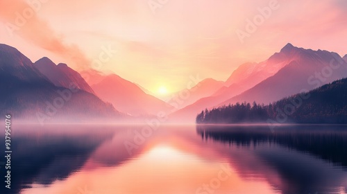 A serene sunrise over misty mountains, glowing peaks reflected in a calm lake, with soft orange-pink hues filling the sky.