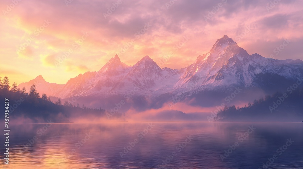 Fototapeta premium A serene sunrise over misty mountains, glowing peaks reflected in a calm lake, with soft orange-pink hues filling the sky.