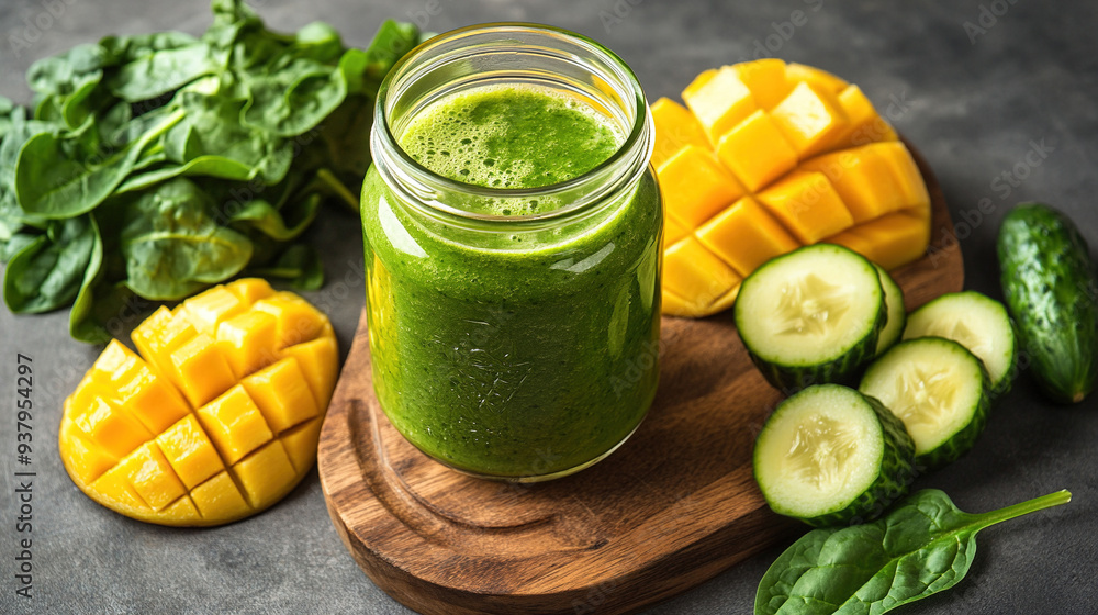 Healthy drink. Green smoothie in a glass jar with a straw and fresh vegetables on a dark background. Healthy eating detox. Green juice. Healthy green smoothie in glass cups. Green vegetables juice Healthy drink. Green smoothie in a glass jar with a straw and fresh vegetables on a dark background. Healthy eating detox. Green juice. Healthy green smoothie in glass cups. Green vegetables juice