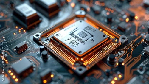 Close-up view of a computer processor chip on a circuit board. The chip is glowing orange and surrounded by other electronic components.