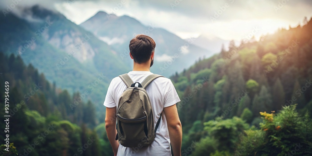 Young man taking adventure on mountain, travel theme background photo Young man taking adventure on mountain, travel theme background photo