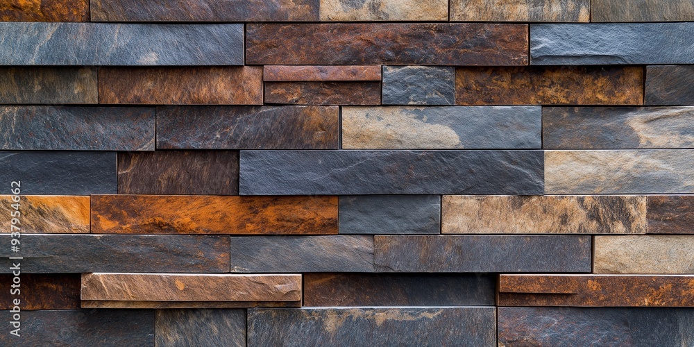 Close-up of a rustic stone wall made of gray, brown, and beige tiles arranged in an offset pattern. Close-up of a rustic stone wall made of gray, brown, and beige tiles arranged in an offset pattern.