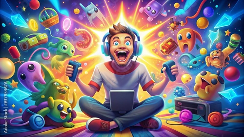 Excited cartoon gamer character sitting in front of a colorful explode of video game elements, surrounded by controllers, screens, and joyful expressions. photo