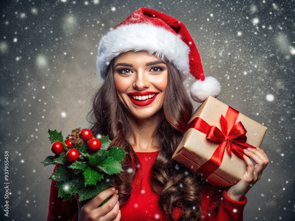 Festive young woman with dark hair wears bright red Santa-inspired hat, holding gifts, surrounded by snowflakes and holly, exuding joy and holiday cheer. Festive young woman with dark hair wears bright red Santa-inspired hat, holding gifts, surrounded by snowflakes and holly, exuding joy and holiday cheer.