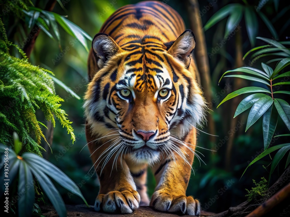 Fototapeta premium Fierce tiger's intense gaze fixes on prey, muscles coiled and claws extended, ready to pounce in a burst of powerful, predatory fury in dense jungle undergrowth.