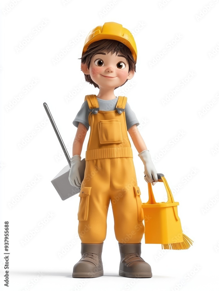 A child wearing a cleaning uniform, 3D illustration, isolated on white background 
