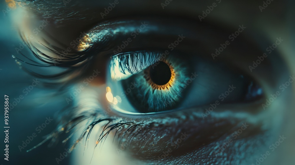 Fototapeta premium A close-up of a human eye with long eyelashes and a green iris with a dark pupil.