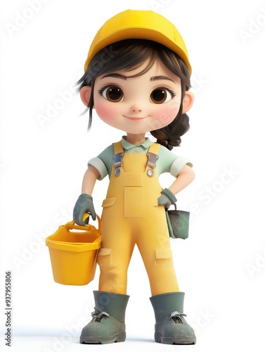 A child wearing a cleaning uniform, 3D illustration, isolated on white background 