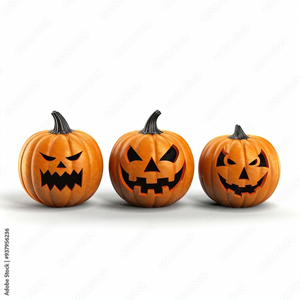 Three Smiling Pumpkins Featuring a Detailed Carved Faces isolated on white background. A cheerful jack lanterns for Halloween decorations and seasonal celebrations Three Smiling Pumpkins Featuring a Detailed Carved Faces isolated on white background. A cheerful jack lanterns for Halloween decorations and seasonal celebrations