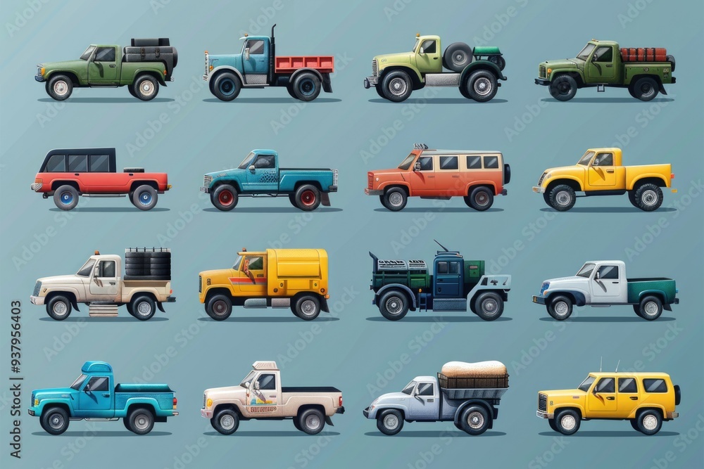 A collection of colorful vehicles on a bright blue surface A collection of colorful vehicles on a bright blue surface
