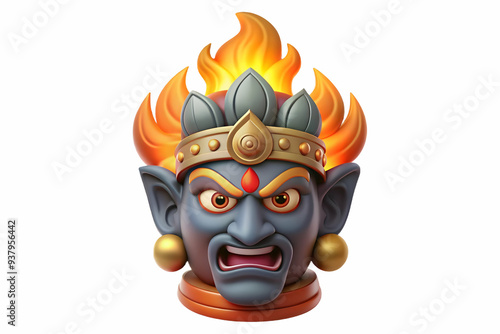 Flat Holographic Ravana Head and Fire with Destruction Text concept as A powerful photo featuring a glowing holographic Ravana head with flames symbolizing the destruction of evil in Dussehra. The des photo