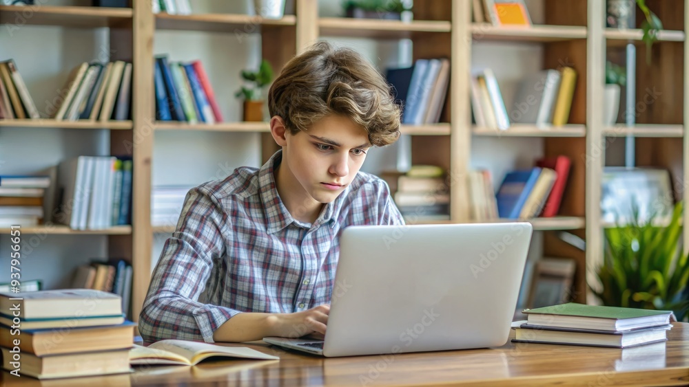 Focused teenager sitting at desk surrounded by books and notes, intently staring at laptop screen with a serious expression. Focused teenager sitting at desk surrounded by books and notes, intently staring at laptop screen with a serious expression.