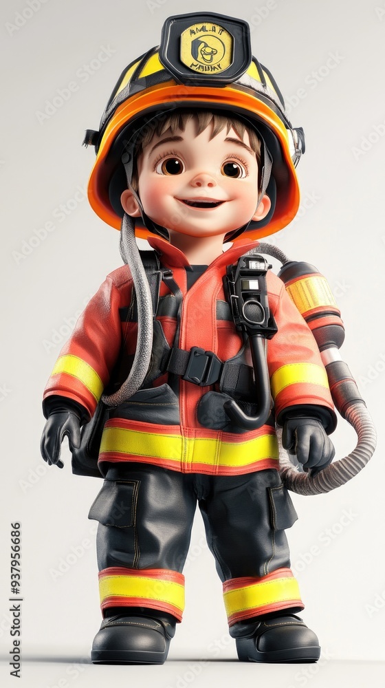 A child wearing a firefighter's uniform , 3D illustration, isolated on white background A child wearing a firefighter's uniform , 3D illustration, isolated on white background
