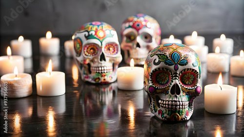 Flat Holographic Sugar Skulls with Glossy Candles concept as Mid shot of holographic sugar skulls surrounded by glossy candles isolated on a white background offering a festive and vibrant Dia de Muer photo