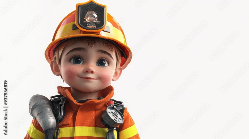 A child wearing a firefighter's uniform , 3D illustration, isolated on white background A child wearing a firefighter's uniform , 3D illustration, isolated on white background