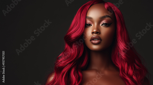 Portrait of a Beautiful African American Woman with Red Hair on Black Background - Copy space