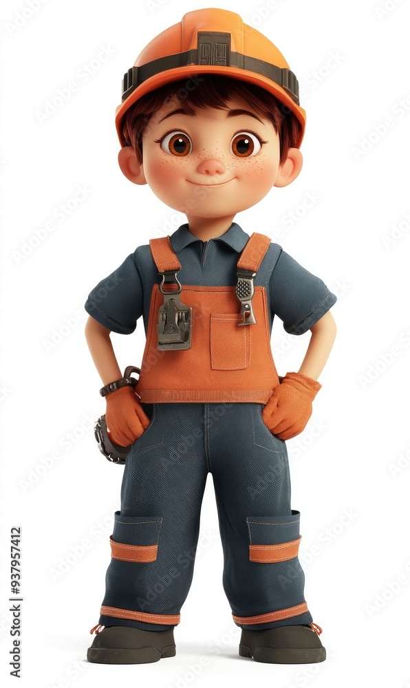 A child wearing a mechanic uniform, 3D illustration, isolated on white background A child wearing a mechanic uniform, 3D illustration, isolated on white background