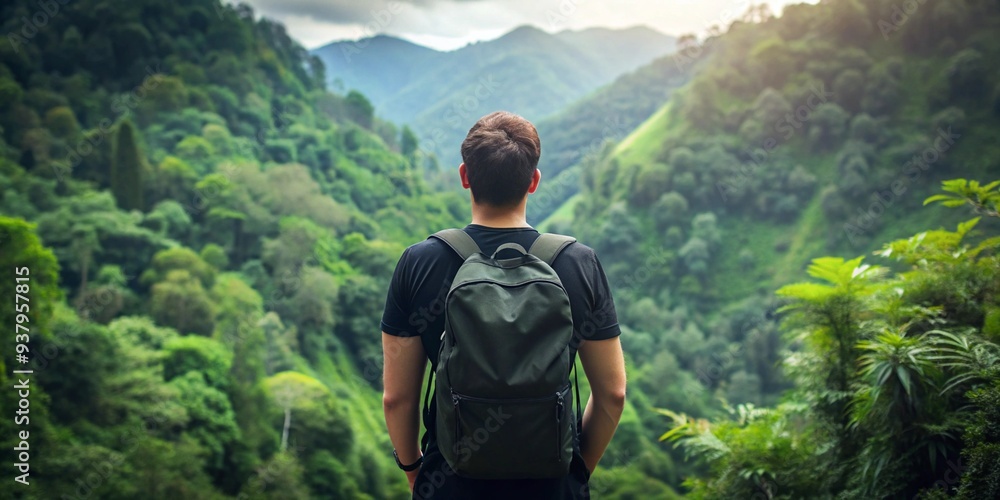 Young man taking adventure on mountain, travel theme background photo Young man taking adventure on mountain, travel theme background photo