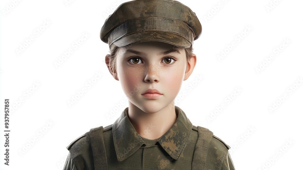 A child wearing a military uniform, 3D illustration, isolated on white background A child wearing a military uniform, 3D illustration, isolated on white background