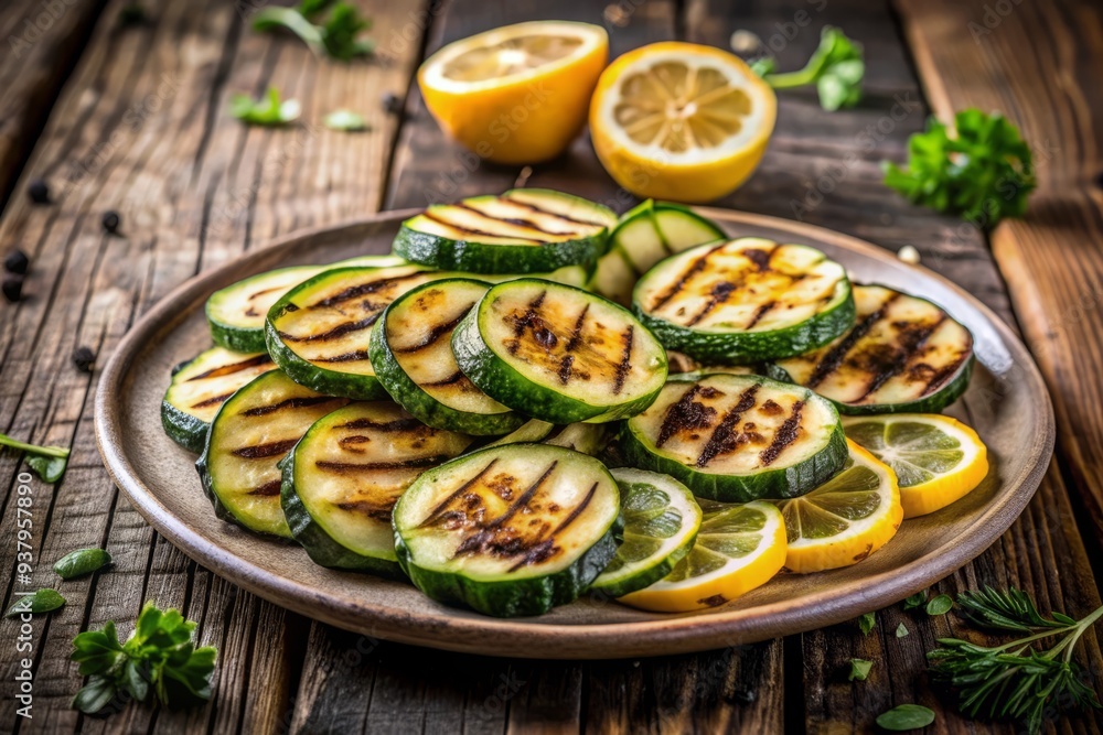 Freshly grilled courgette slices garnished with a slice of lemon, arranged artfully on a rustic wooden table, perfect for adding a recipe or headline. Freshly grilled courgette slices garnished with a slice of lemon, arranged artfully on a rustic wooden table, perfect for adding a recipe or headline.