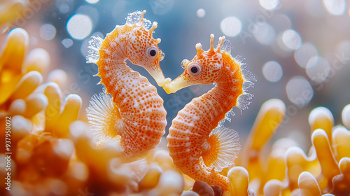 Two seahorses engage in a delicate underwater dance amongst vibrant coral, symbolizing marine life and romance, ideal for aquatic themes, nature conservation, or Valentine's Day promotions, photo