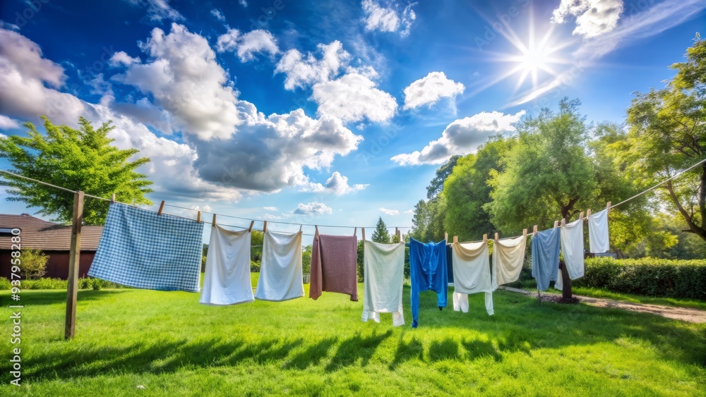 Freshly ironed clothes hanging on a clothesline in a sunny backyard with a few fluffy white clouds in the clear blue sky. Freshly ironed clothes hanging on a clothesline in a sunny backyard with a few fluffy white clouds in the clear blue sky.
