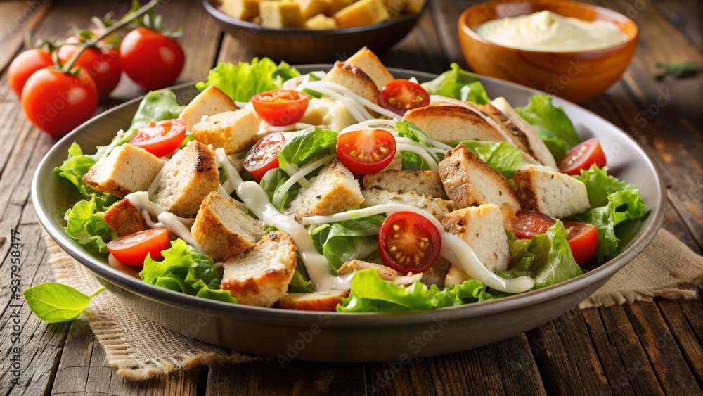 Freshly prepared Caesar salad featuring grilled chicken, juicy tomatoes, crisp iceberg lettuce, crunchy croutons, and shaved parmesan cheese, drizzled with savory Caesar dressing. Freshly prepared Caesar salad featuring grilled chicken, juicy tomatoes, crisp iceberg lettuce, crunchy croutons, and shaved parmesan cheese, drizzled with savory Caesar dressing.