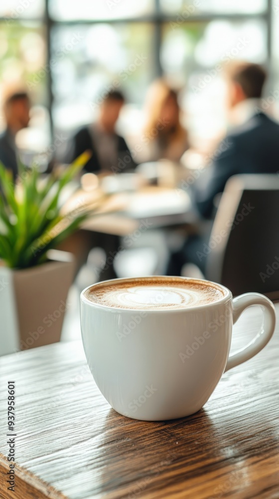 Morning coffee served in a white mug at a busy café during a meeting Morning coffee served in a white mug at a busy café during a meeting