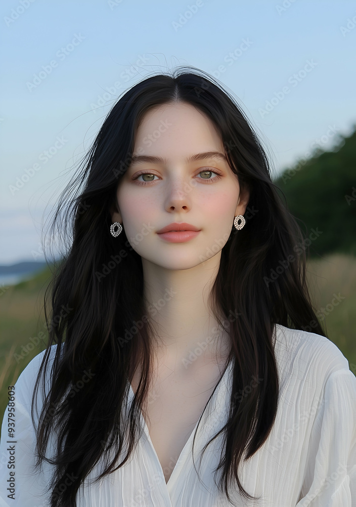 Portrait of a Beautiful Young Woman with Long Dark Hair Wearing Elegant Earrings and a White Dress Portrait of a Beautiful Young Woman with Long Dark Hair Wearing Elegant Earrings and a White Dress