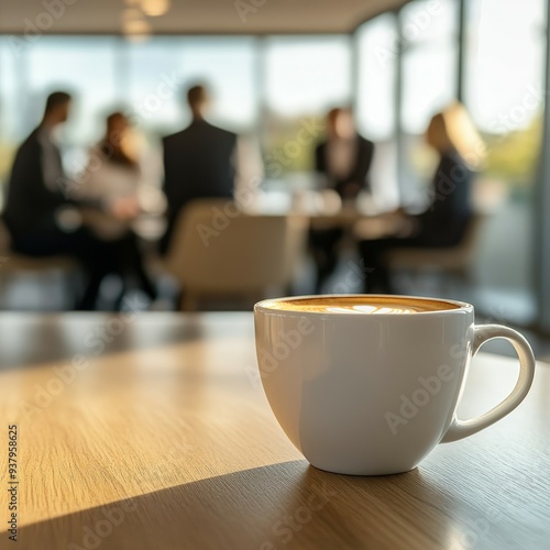 Business meeting with coffee in bright office setting