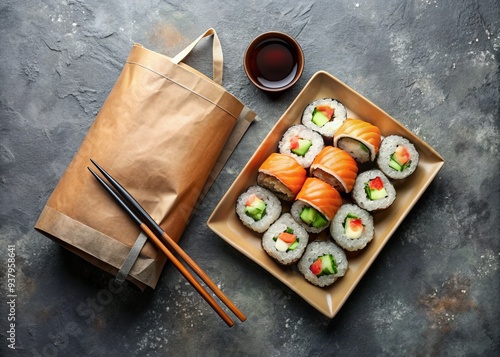 Freshly prepared sushi rolls arranged on a plastic plate, accompanied by chopsticks and a crumpled paper bag, against a gritty grey grunge background, evoking delivery convenience. photo