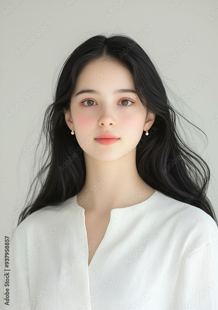 Portrait of a Beautiful Young Woman with Long Dark Hair Wearing Elegant Earrings and a White Dress Portrait of a Beautiful Young Woman with Long Dark Hair Wearing Elegant Earrings and a White Dress